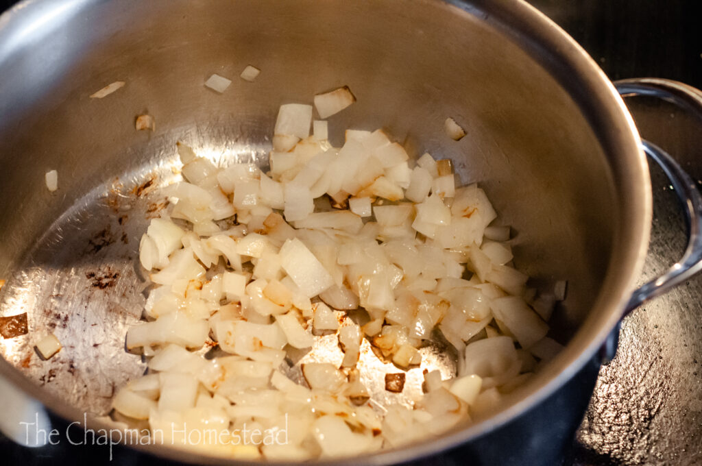 Photo of slightly browned onions in a silver pot on the stove.